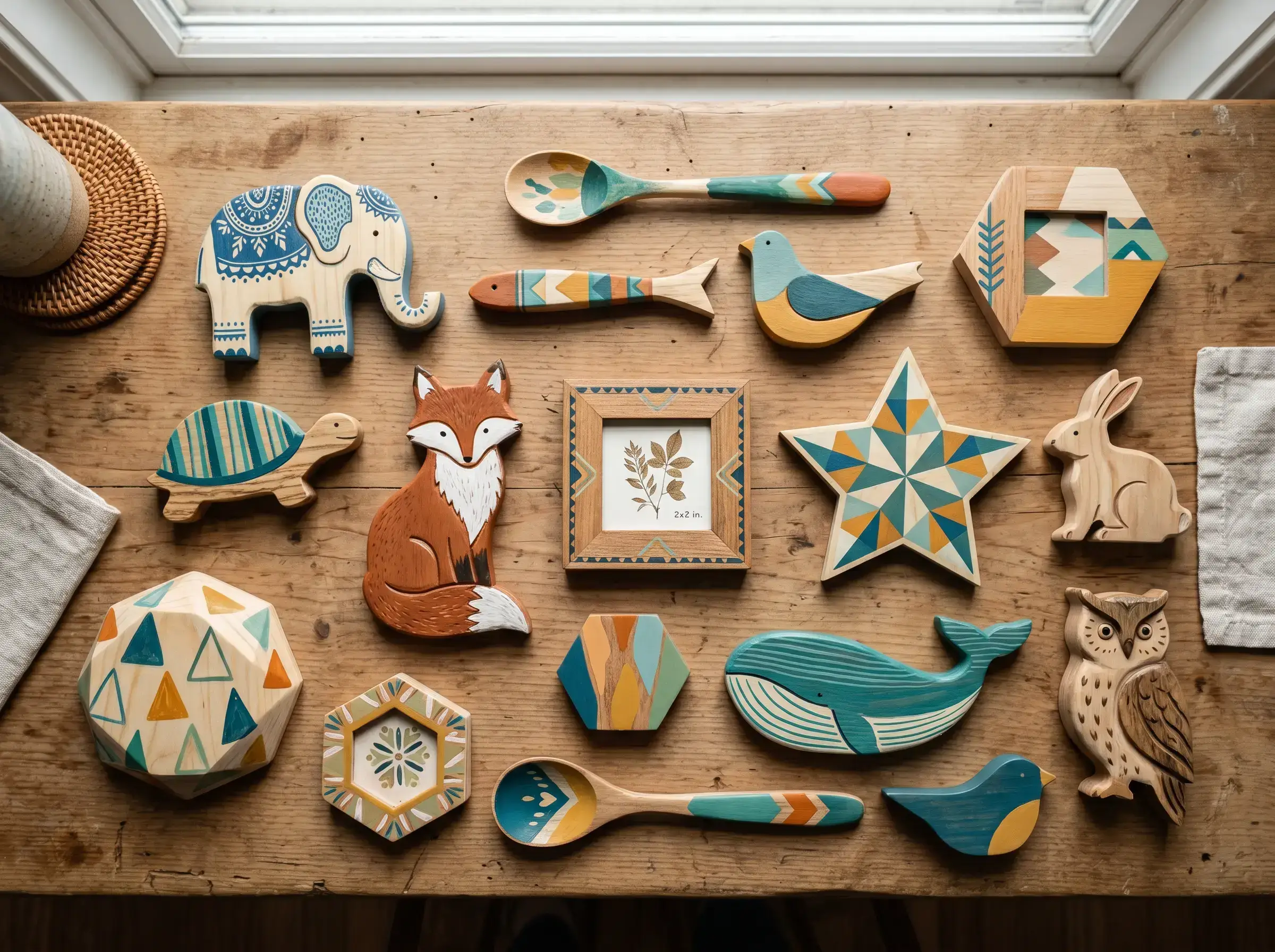 A collection of colorful handcrafted wood art pieces made by Luxiwood students — including animals, spoons, stars, and geometric designs
